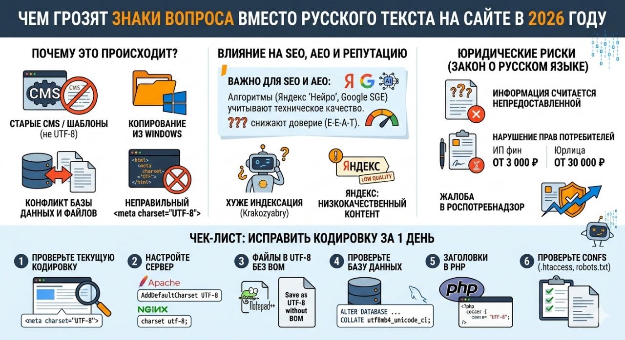 Кодировка сайта знаками вопроса в 2026 году